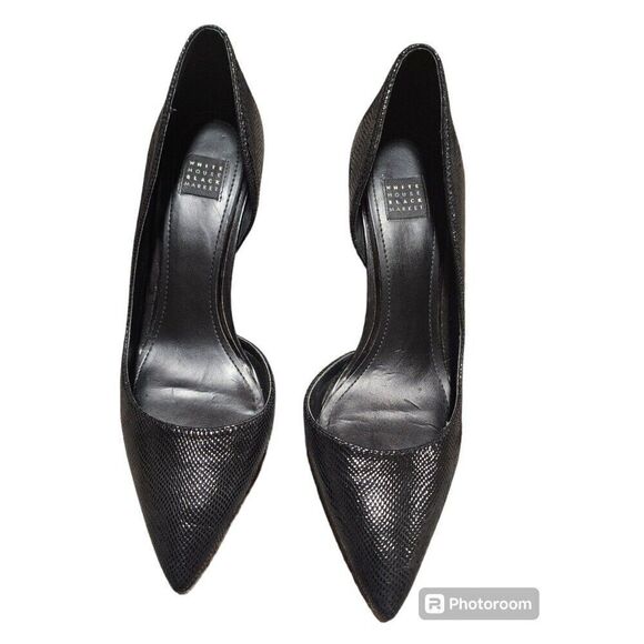 White House Black Market Size 7 Black Slip On Open Side Pointed Toes High Heel - Picture 4 of 9